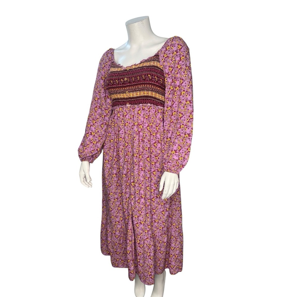 Womens Dress XL Boho Peasant Maxi Floral Tiered Cottagecore Smocked Milkmaid